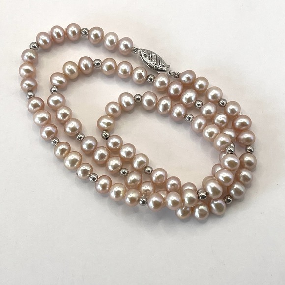 Vintage Freshwater Pink Pearl Necklace With 14k White Gold Beads And Closure 18" - Picture 7 of 15